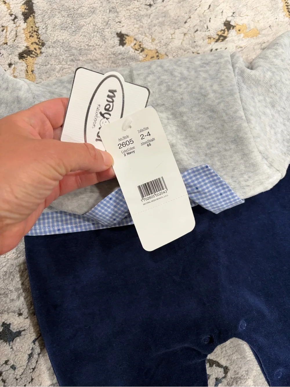 NWT Mayoral Velour Grey and Blue One-Piece with Gingham Collar, 6-9 months